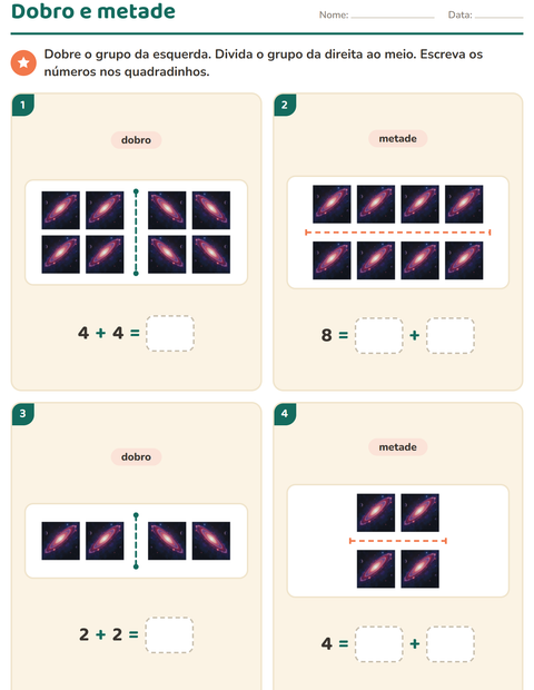 Pré-visualização da ficha de Dobro e metade com Espaço para 1º ano do ensino fundamental