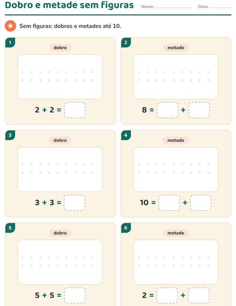 Pré-visualização da ficha de Dobro e metade para 1º ano do ensino fundamental