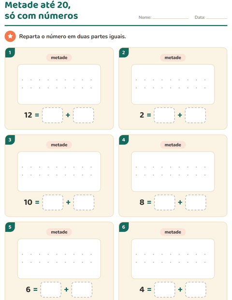 Pré-visualização da ficha de Dobro e metade para 1º ano do ensino fundamental