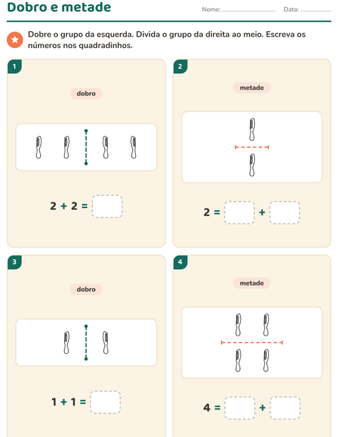 Pré-visualização da ficha de Dobro e metade com Objetos PB para 1º ano do ensino fundamental