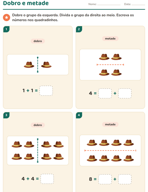 Pré-visualização da ficha de Dobro e metade com Praia para 1º ano do ensino fundamental