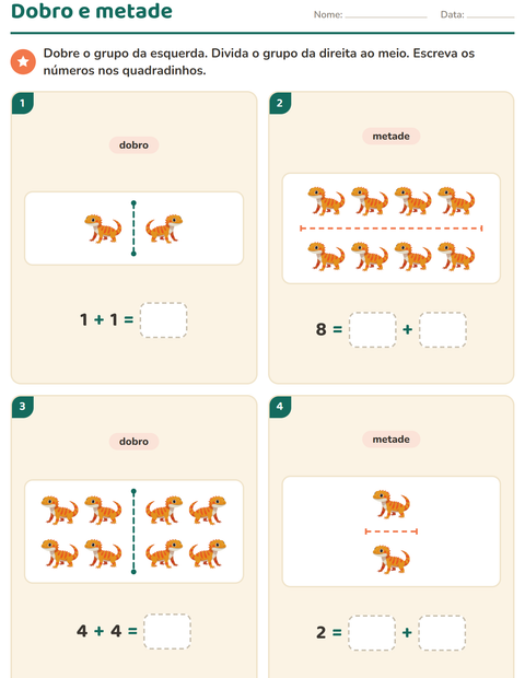 Pré-visualização da ficha de Dobro e metade com Répteis e anfíbios para 1º ano do ensino fundamental