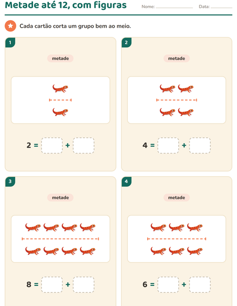 Pré-visualização da ficha de Dobro e metade com Répteis e anfíbios para 1º ano do ensino fundamental