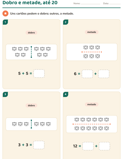 Pré-visualização da ficha de Dobro e metade com Rostos PB para 1º ano do ensino fundamental