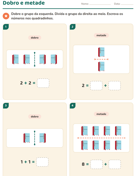 Pré-visualização da ficha de Dobro e metade com Utensílios de cozinha para 1º ano do ensino fundamental