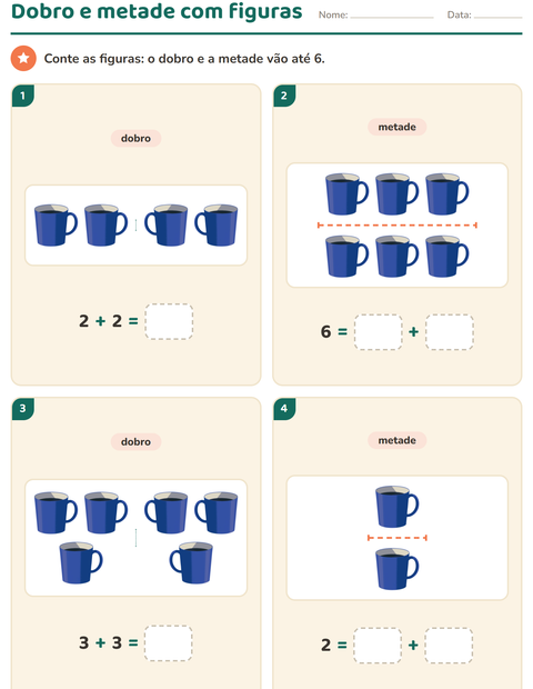 Pré-visualização da ficha de Dobro e metade com Utensílios de cozinha para 1º ano do ensino fundamental