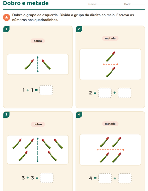 Pré-visualização da ficha de Dobro e metade com Vegetais para 1º ano do ensino fundamental