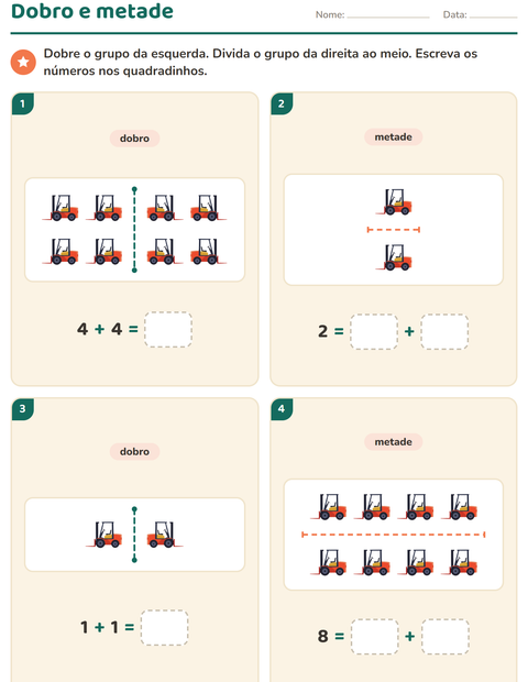 Pré-visualização da ficha de Dobro e metade com Veículos para 1º ano do ensino fundamental