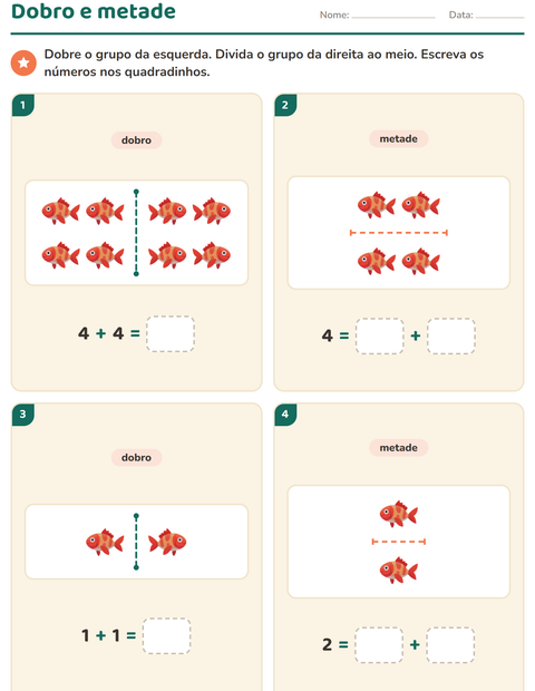 Pré-visualização da ficha de Dobro e metade com Vida marinha para 1º ano do ensino fundamental