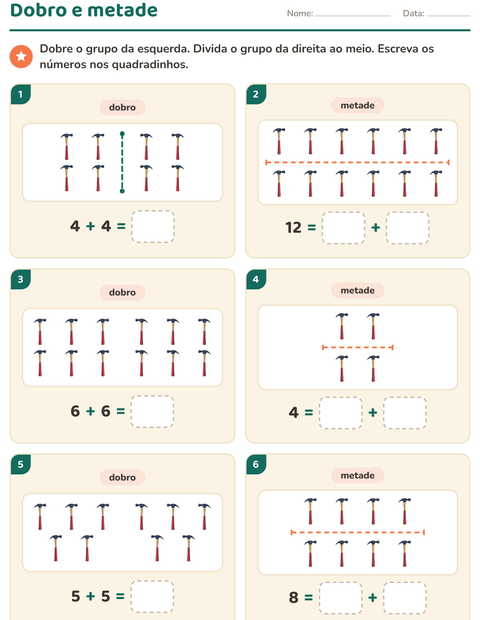 Pré-visualização da ficha de Dobro e metade com Ferramentas para 1º ano do ensino fundamental