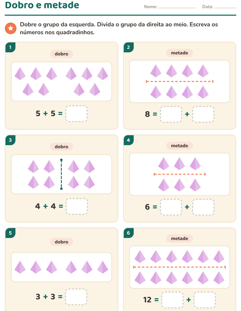 Pré-visualização da ficha de Dobro e metade com Formas para 1º ano do ensino fundamental