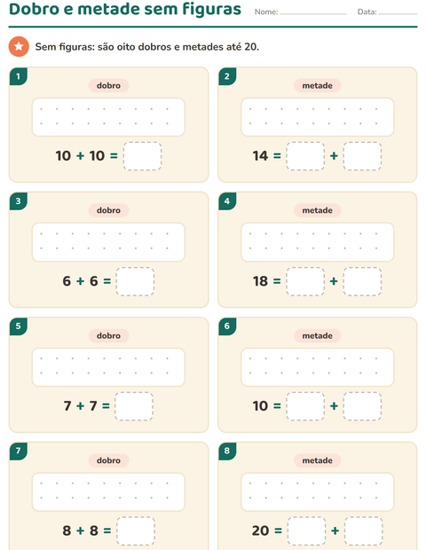 Pré-visualização da ficha de Dobro e metade para 1º ano do ensino fundamental