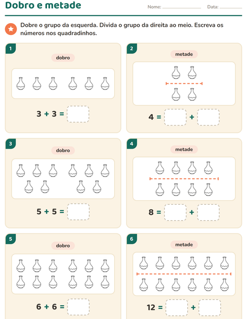 Pré-visualização da ficha de Dobro e metade com Objetos PB para 1º ano do ensino fundamental