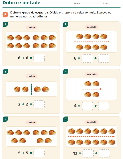Pré-visualização da ficha de Dobro e metade com Padaria para 1º ano do ensino fundamental