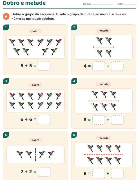 Pré-visualização da ficha de Dobro e metade com Pássaros 2 para 1º ano do ensino fundamental