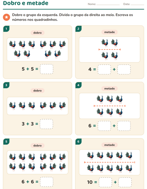 Pré-visualização da ficha de Dobro e metade com Pássaros para 1º ano do ensino fundamental