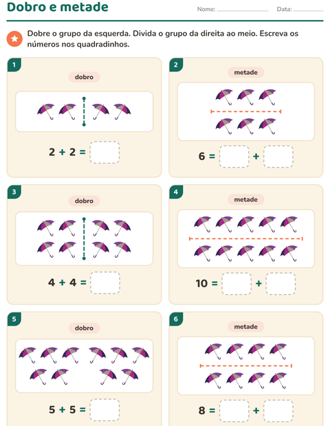 Pré-visualização da ficha de Dobro e metade com Praia para 1º ano do ensino fundamental