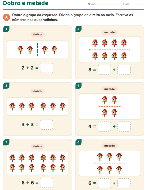 Pré-visualização da ficha de Dobro e metade com Primavera para 1º ano do ensino fundamental
