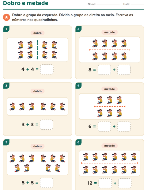 Pré-visualização da ficha de Dobro e metade com Profissões para 1º ano do ensino fundamental