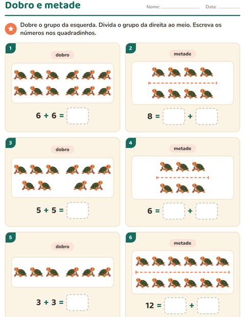 Pré-visualização da ficha de Dobro e metade com Répteis e anfíbios para 1º ano do ensino fundamental