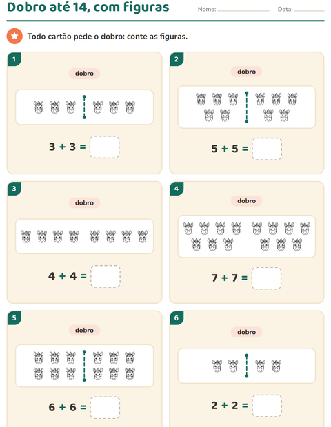 Pré-visualização da ficha de Dobro e metade com Rostos PB para 1º ano do ensino fundamental
