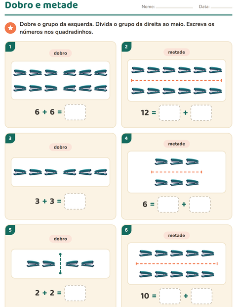 Pré-visualização da ficha de Dobro e metade com Sala de aula para 1º ano do ensino fundamental