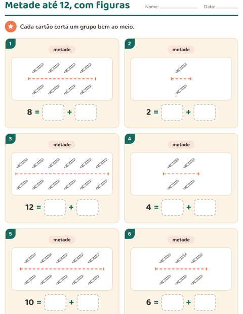 Pré-visualização da ficha de Dobro e metade com Sala de aula (P&B) para 1º ano do ensino fundamental