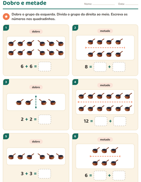 Pré-visualização da ficha de Dobro e metade com Utensílios de cozinha para 1º ano do ensino fundamental