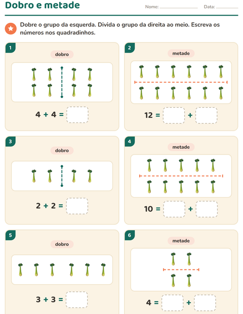 Pré-visualização da ficha de Dobro e metade com Vegetais para 1º ano do ensino fundamental