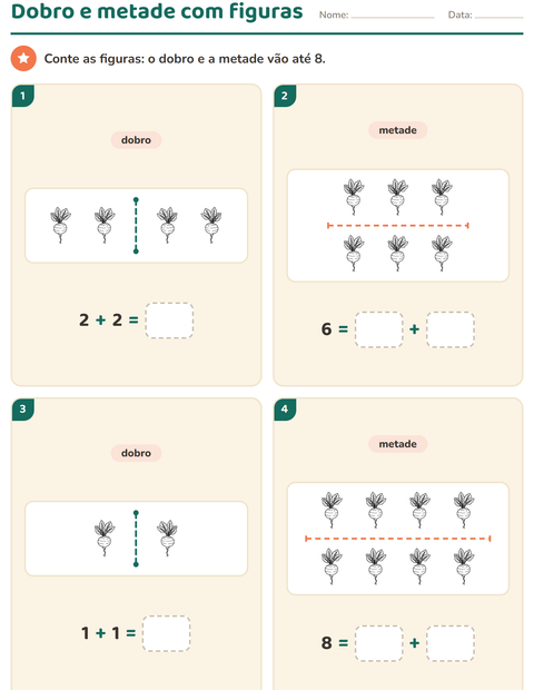 Pré-visualização da ficha de Dobro e metade com Vegetais PB para 1º ano do ensino fundamental