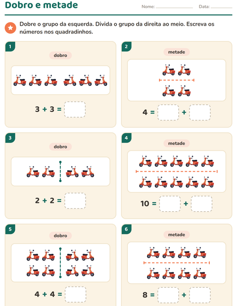 Pré-visualização da ficha de Dobro e metade com Veículos para 1º ano do ensino fundamental