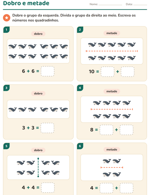 Pré-visualização da ficha de Dobro e metade com Vida marinha para 1º ano do ensino fundamental