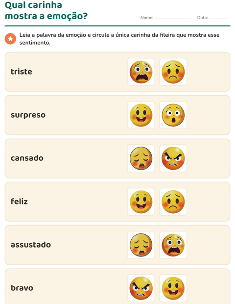 Pré-visualização da ficha de Emoções e sentimentos para Educação infantil (pré-escola, 5-7 anos)