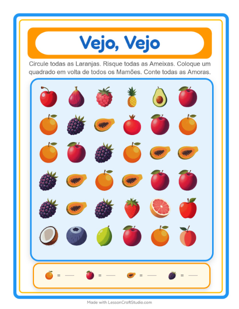 Pré-visualização da ficha de Encontre E Conte com Frutas para Educação infantil (creche, 3-5 anos)