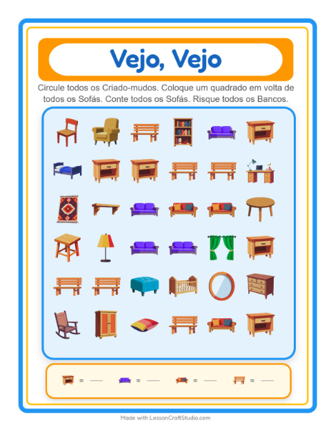 Pré-visualização da ficha de Encontre E Conte com Móveis para Educação infantil (creche, 3-5 anos)