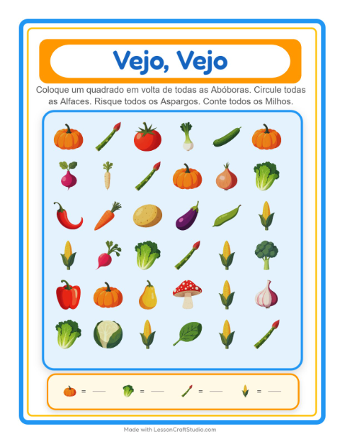 Pré-visualização da ficha de Encontre E Conte com Vegetais para Educação infantil (creche, 3-5 anos)
