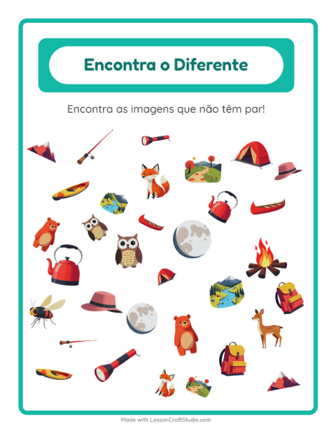 Pré-visualização da ficha de Encontre Os Objetos com Acampamento para Educação infantil (pré-escola, 5-7 anos)