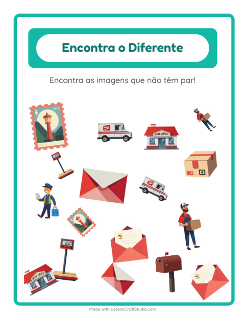 Pré-visualização da ficha de Encontre Os Objetos com Correios para Educação infantil (pré-escola, 5-7 anos)