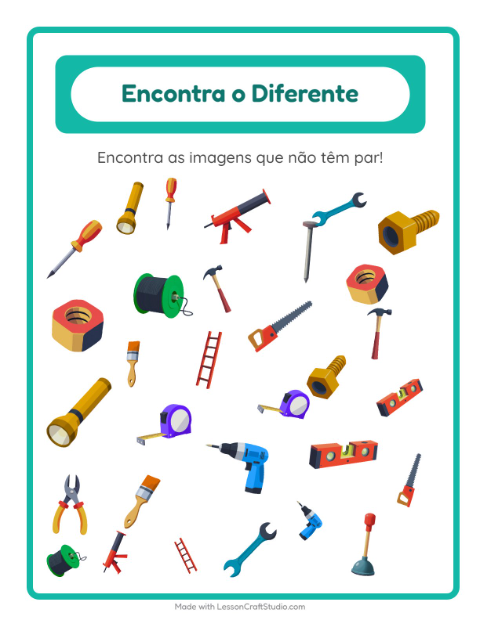 Pré-visualização da ficha de Encontre Os Objetos com Ferramentas para Educação infantil (pré-escola, 5-7 anos)