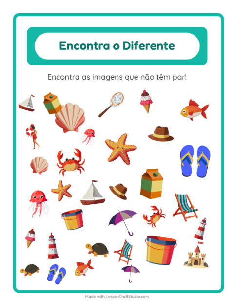 Pré-visualização da ficha de Encontre Os Objetos com Praia para Educação infantil (pré-escola, 5-7 anos)