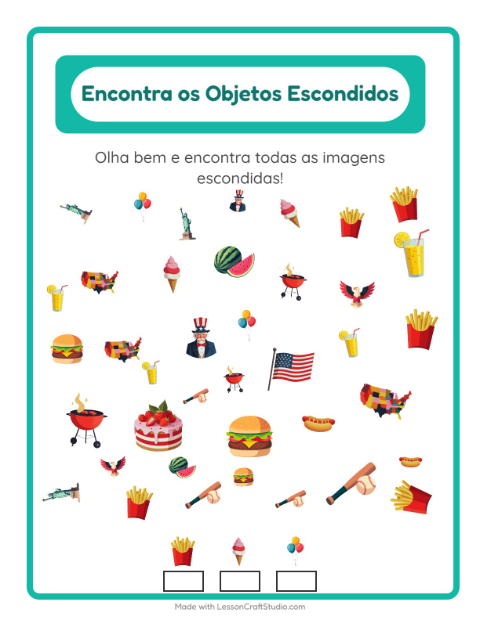 Pré-visualização da ficha de Encontre Os Objetos com 4 de Julho para Educação infantil (pré-escola, 5-7 anos)