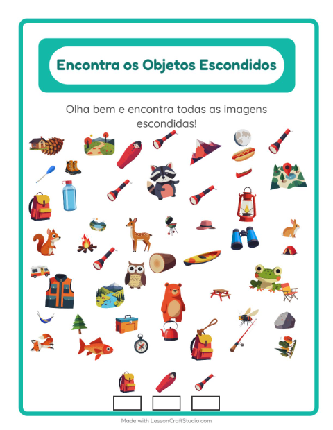 Pré-visualização da ficha de Encontre Os Objetos com Acampamento para Educação infantil (pré-escola, 5-7 anos)