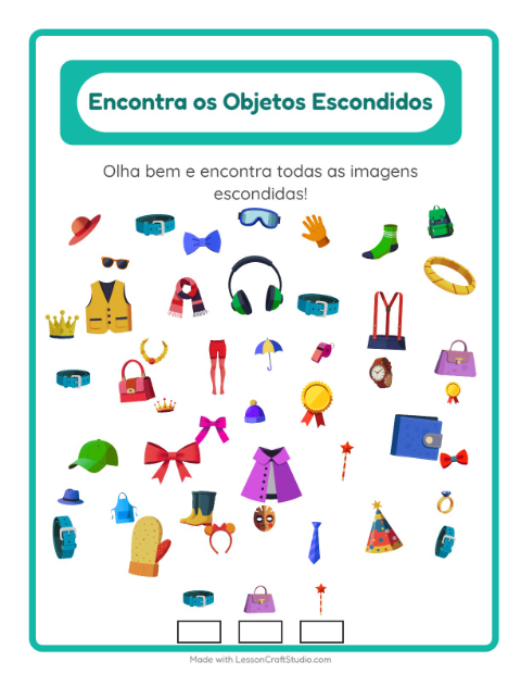 Pré-visualização da ficha de Encontre Os Objetos com Acessórios para Educação infantil (pré-escola, 5-7 anos)