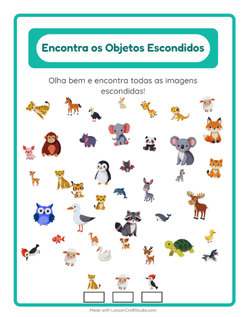 Pré-visualização da ficha de Encontre Os Objetos com Animais para Educação infantil (pré-escola, 5-7 anos)