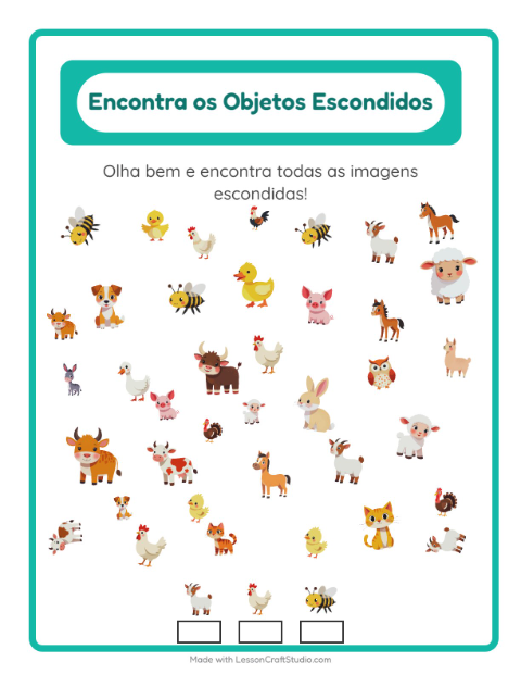 Pré-visualização da ficha de Encontre Os Objetos com Animais da fazenda para Educação infantil (pré-escola, 5-7 anos)