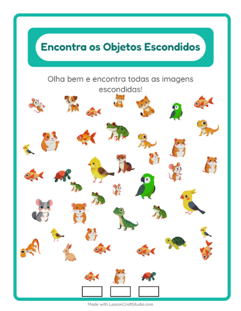 Pré-visualização da ficha de Encontre Os Objetos com Animais de estimação para Educação infantil (pré-escola, 5-7 anos)