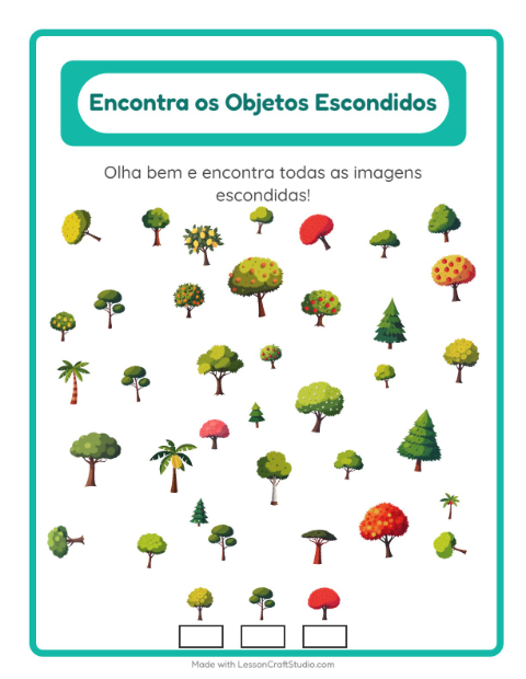 Pré-visualização da ficha de Encontre Os Objetos com Árvores para Educação infantil (pré-escola, 5-7 anos)