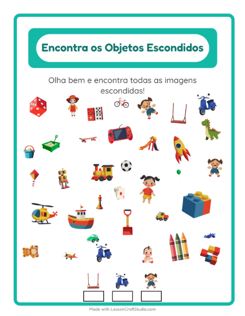 Pré-visualização da ficha de Encontre Os Objetos com Brinquedos para Educação infantil (pré-escola, 5-7 anos)