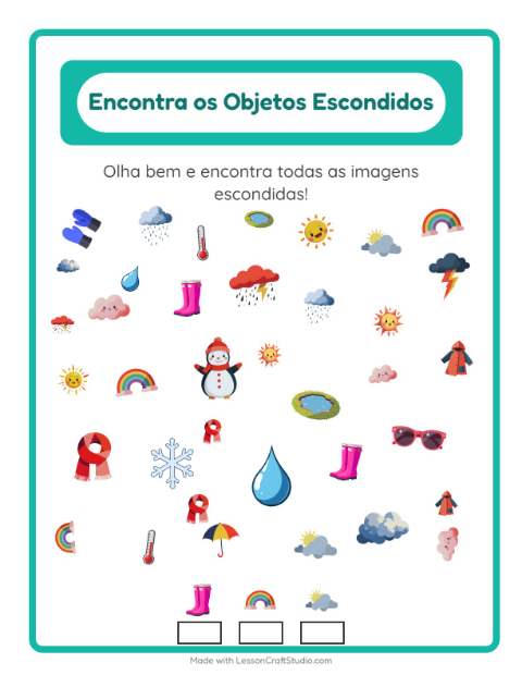 Pré-visualização da ficha de Encontre Os Objetos com Clima para Educação infantil (pré-escola, 5-7 anos)