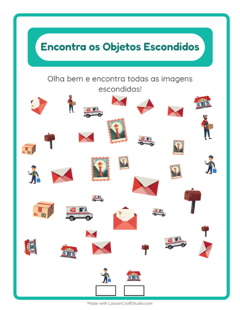 Pré-visualização da ficha de Encontre Os Objetos com Correios para Educação infantil (pré-escola, 5-7 anos)